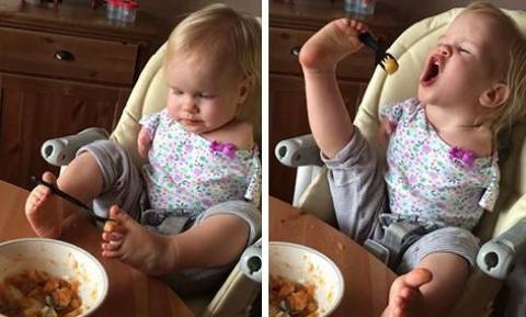 Η συγκινητική δύναμη της θέλησης: Κοριτσάκι χωρίς χέρια μαθαίνει να τρώει μόνη της με τα πόδια (Vid)