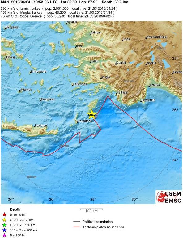 Σεισμός 4,1 Ρίχτερ κοντά στη Ρόδο 