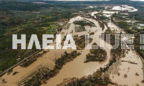 Καιρός: Ο πλημμυρισμένος Αλφειός από ψηλά (pics+vid)