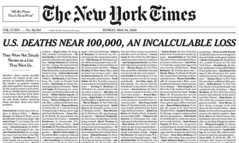 Κορονοϊός: Το συγκλονιστικό πρωτοσέλιδο των New York Times - «Δεν ήταν απλώς ονόματα, ήταν εμείς»