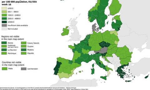 Κορονοϊός: Παραμένει πράσινη η Ελλάδα στον χάρτη του ECDC - Θετικότητα κάτω από 4% στη χώρα