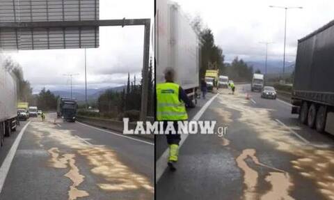 Λαμία: Φορτηγό γέμισε πετρέλαιο την Ε.Ο. στο υψος της Μαλεσίνας