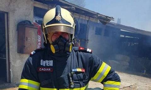 Συγκινητική φωτογραφία από τη φωτιά στο Σχηματάρι: Ρουμάνος πυροσβέστης αγκαλιά με πρόβατο που έσωσε