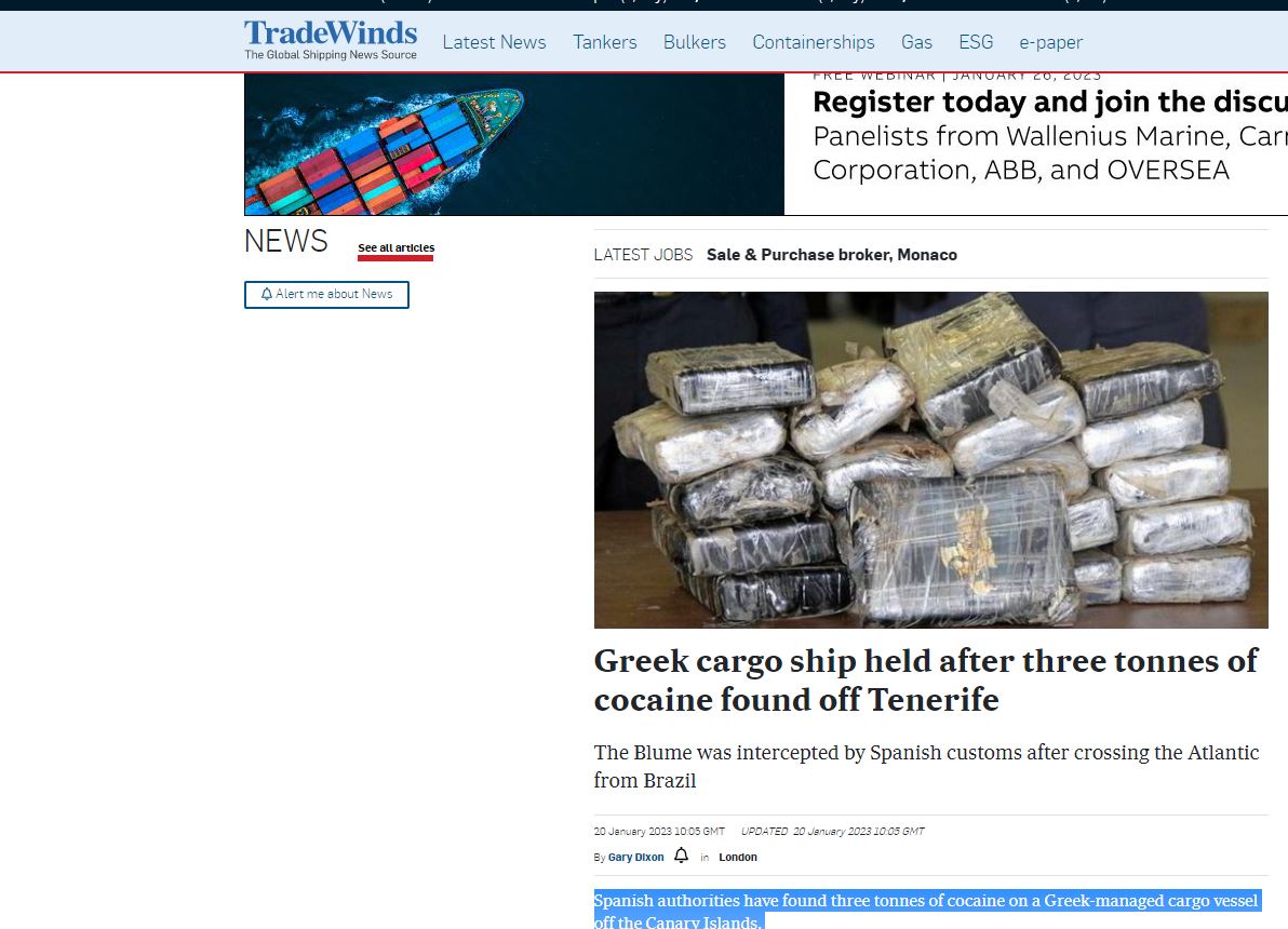 Τενερίφη: Οι αρχές κρατούν Ελληνικό πλοίο στο οποίο εντόπισαν 4,5 τόνους κοκαΐνης