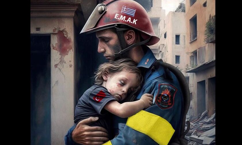 Σεισμός Τουρκία: Σαρώνει το διαδίκτυο η digital art φωτογραφία με τον Έλληνα της ΕΜΑΚ και το παιδάκι