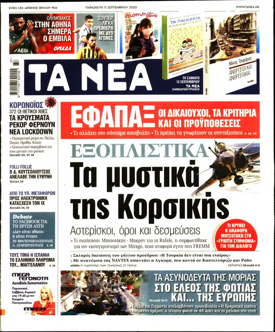 Πρωτοσέλιδο Εφημερίδας - Τα Νέα - 2020-09-11