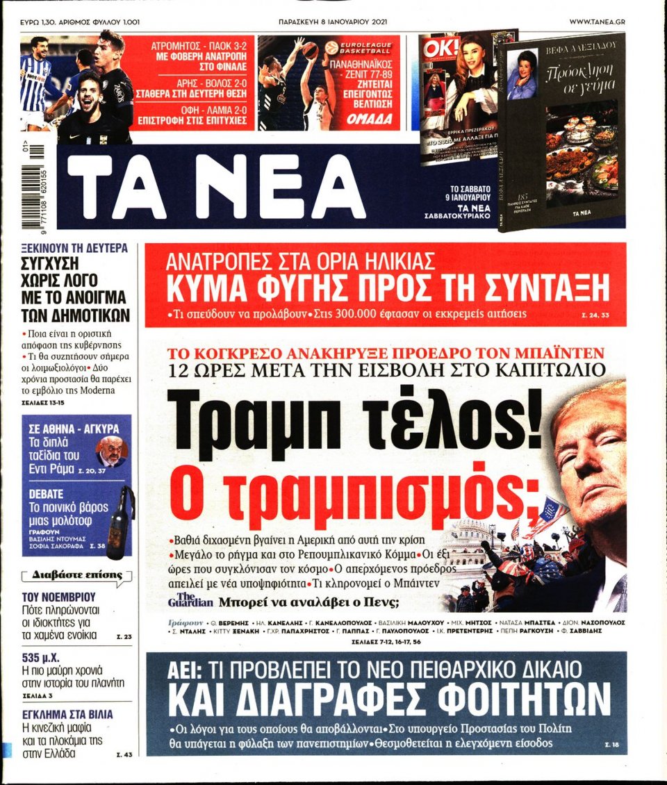 Πρωτοσέλιδο Εφημερίδας - Τα Νέα - 2021-01-08