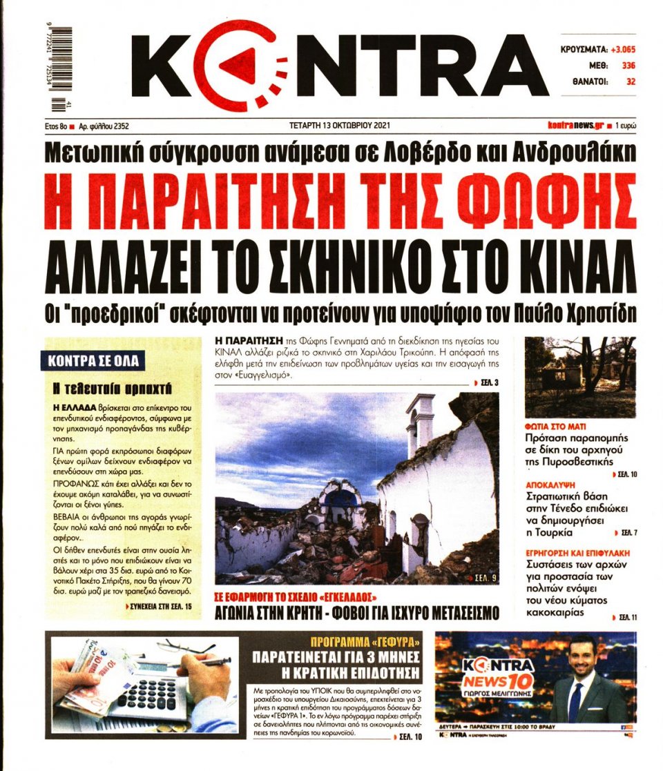 Πρωτοσέλιδο Εφημερίδας - KONTRA NEWS - 2021-10-13