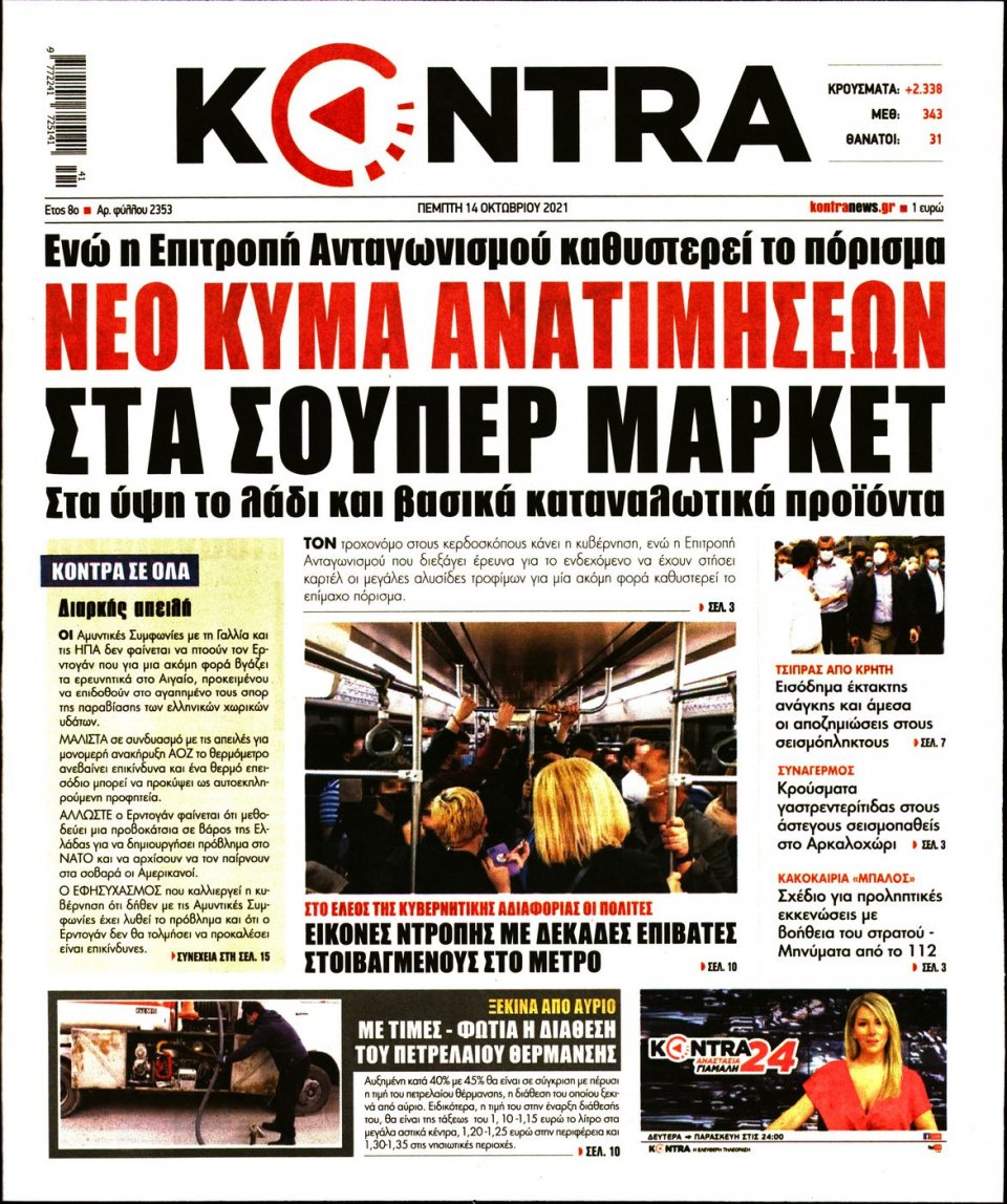 Πρωτοσέλιδο Εφημερίδας - KONTRA NEWS - 2021-10-14