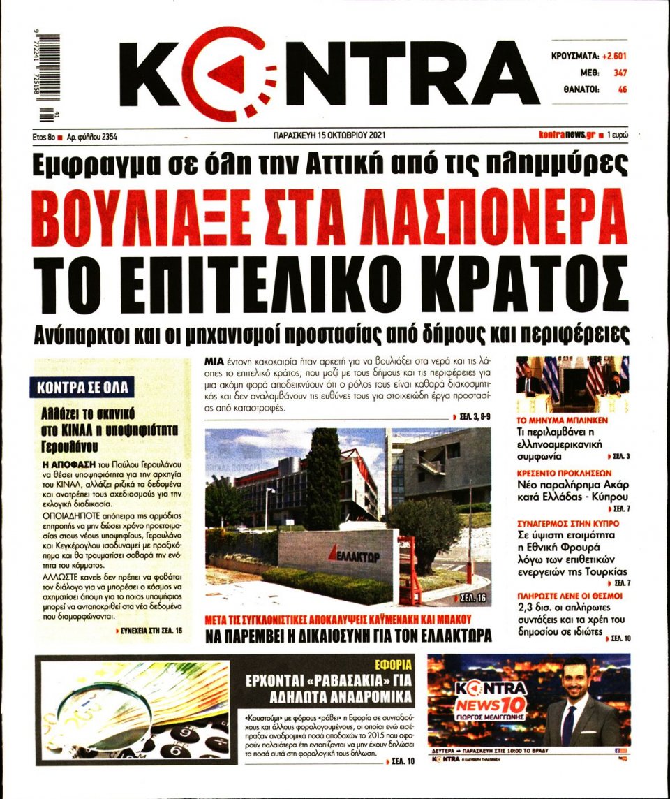 Πρωτοσέλιδο Εφημερίδας - KONTRA NEWS - 2021-10-15