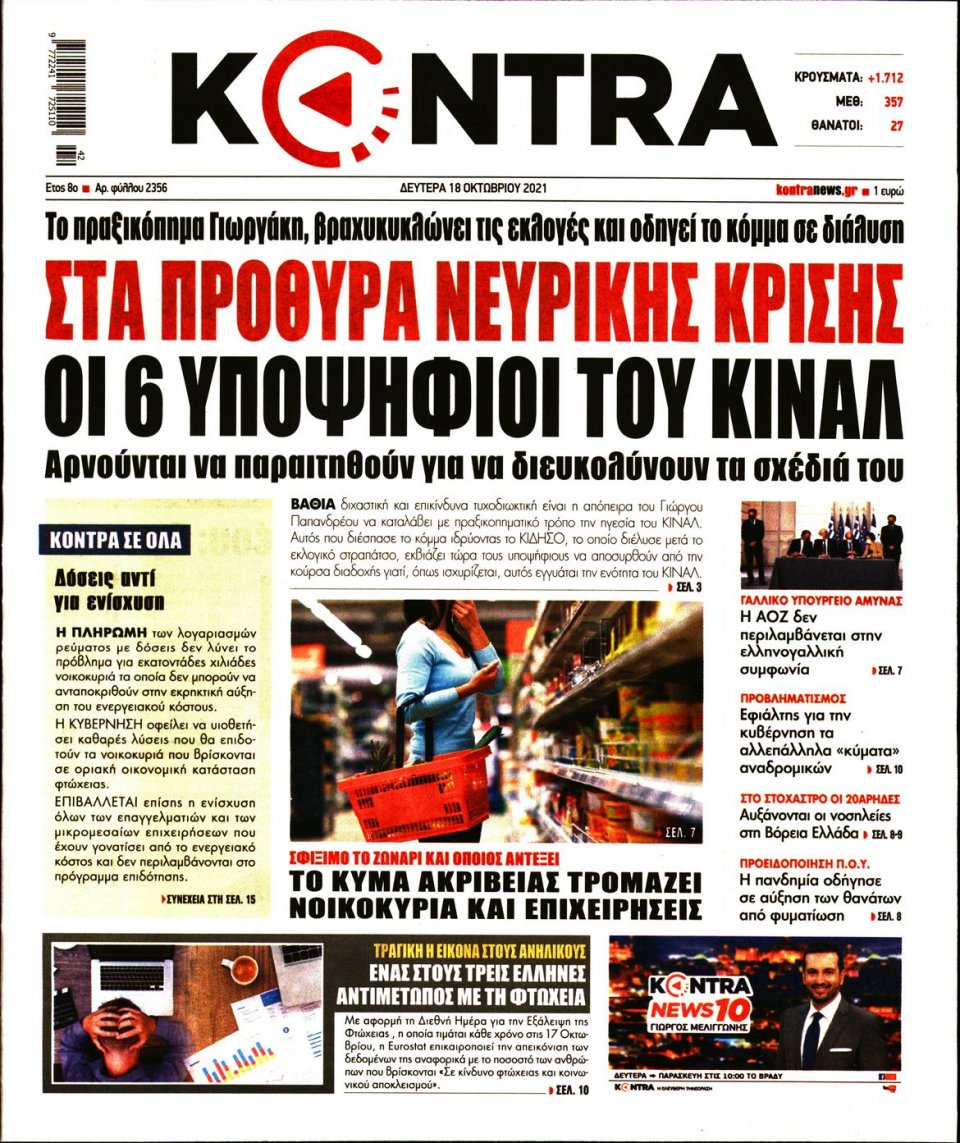 Πρωτοσέλιδο Εφημερίδας - KONTRA NEWS - 2021-10-18
