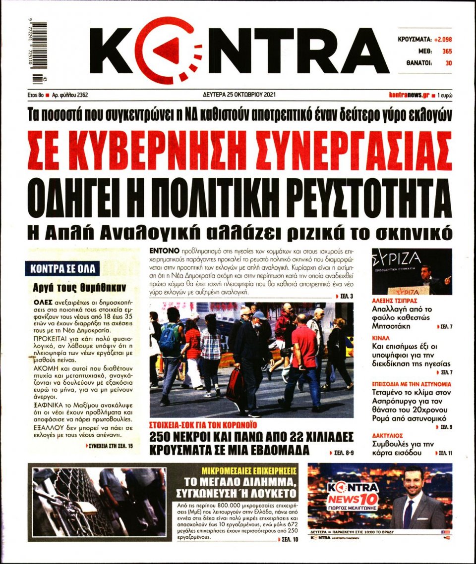 Πρωτοσέλιδο Εφημερίδας - KONTRA NEWS - 2021-10-25
