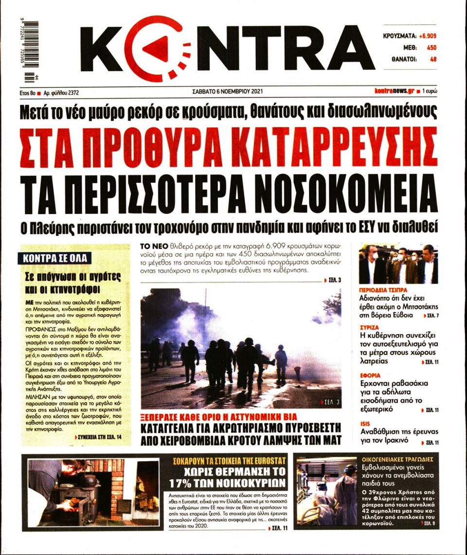 Πρωτοσέλιδο Εφημερίδας - KONTRA NEWS - 2021-11-06