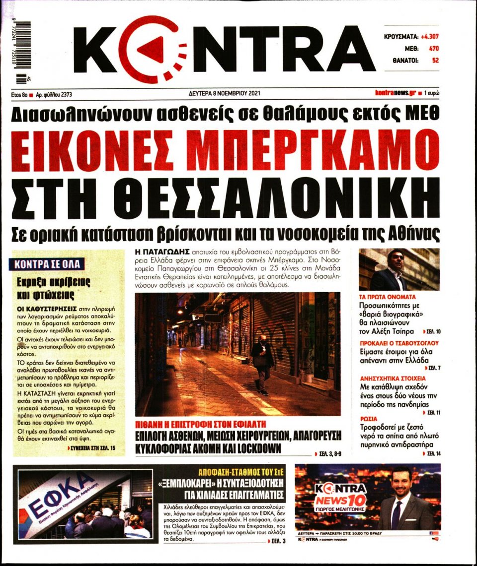 Πρωτοσέλιδο Εφημερίδας - KONTRA NEWS - 2021-11-08
