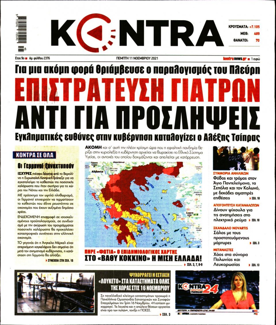 Πρωτοσέλιδο Εφημερίδας - KONTRA NEWS - 2021-11-11