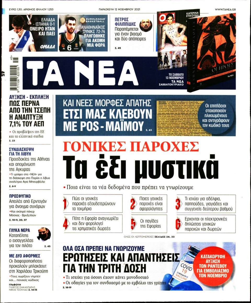 Πρωτοσέλιδο Εφημερίδας - Τα Νέα - 2021-11-12