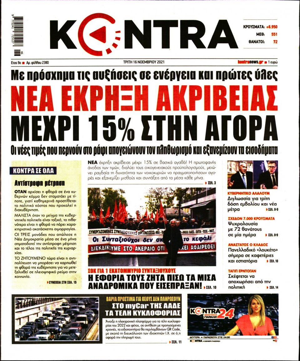 Πρωτοσέλιδο Εφημερίδας - KONTRA NEWS - 2021-11-16