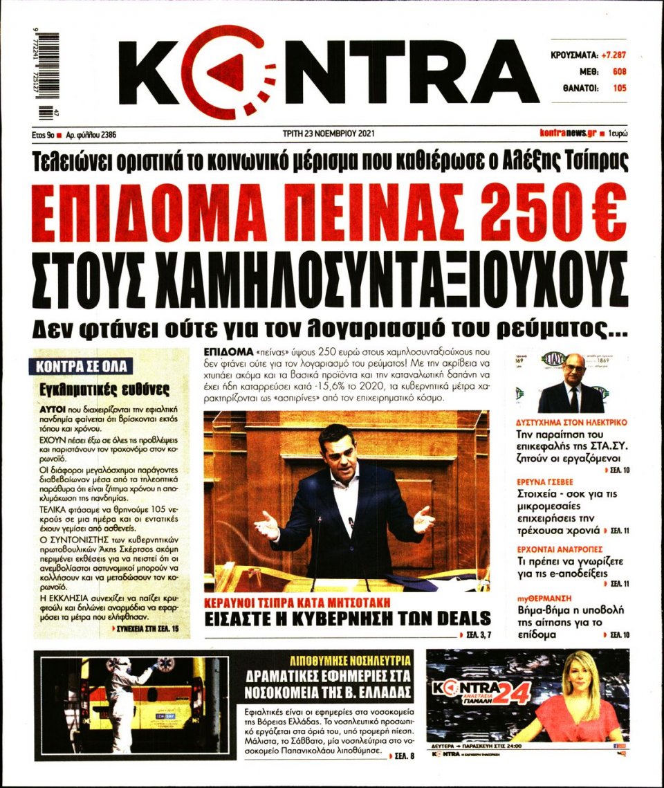 Πρωτοσέλιδο Εφημερίδας - KONTRA NEWS - 2021-11-23