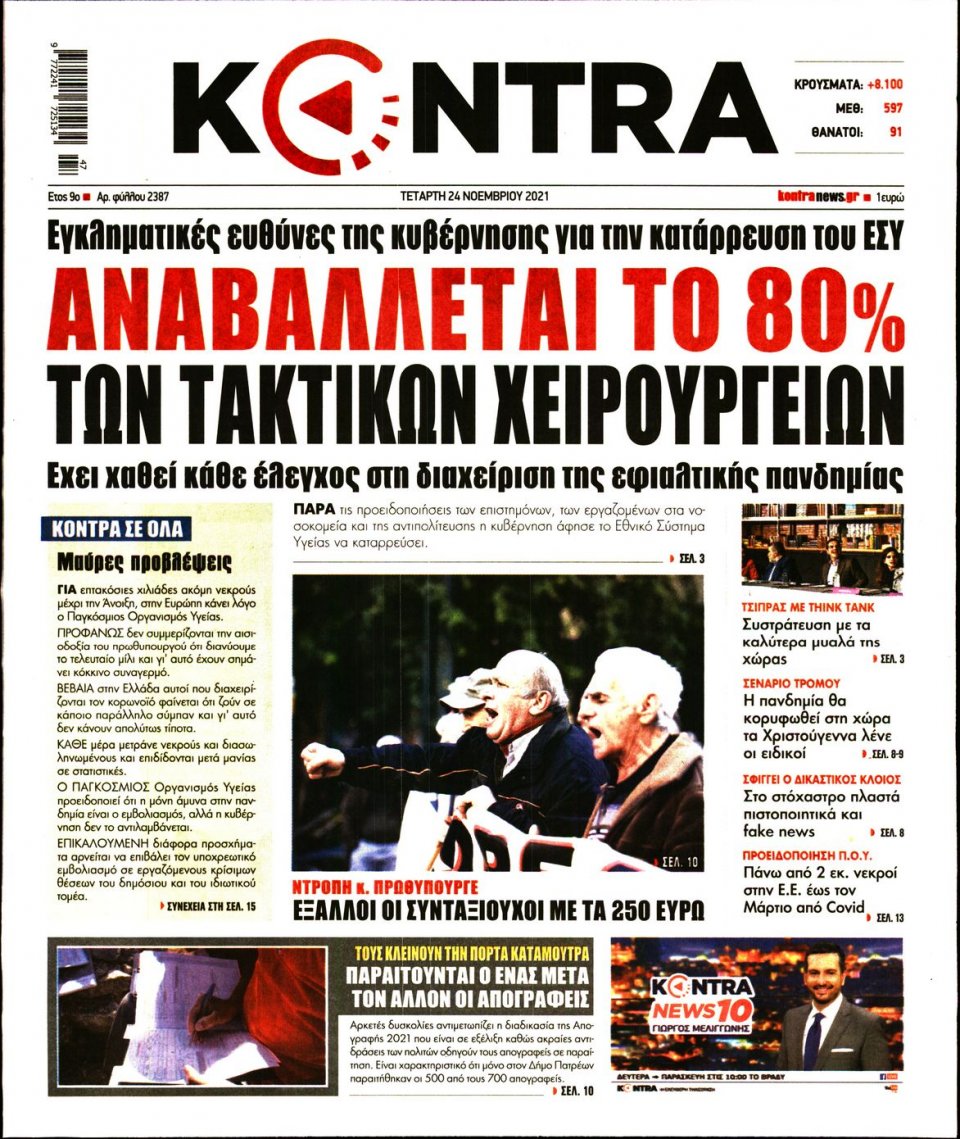 Πρωτοσέλιδο Εφημερίδας - KONTRA NEWS - 2021-11-24