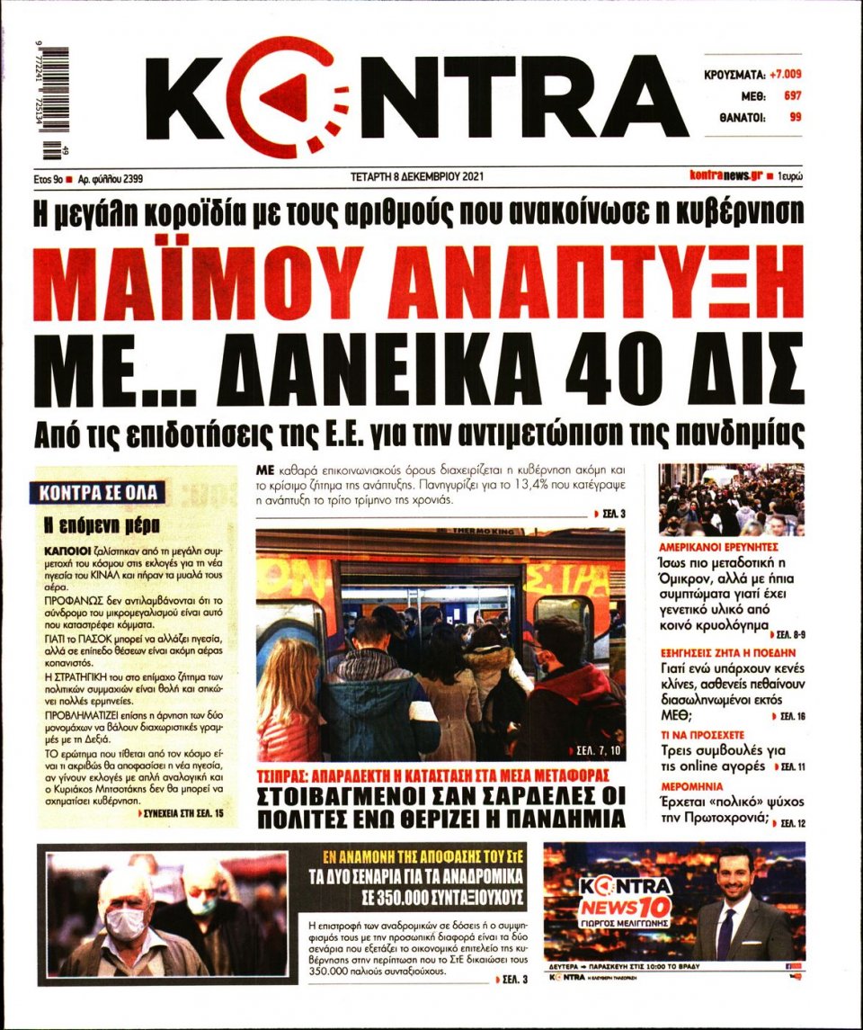 Πρωτοσέλιδο Εφημερίδας - KONTRA NEWS - 2021-12-08