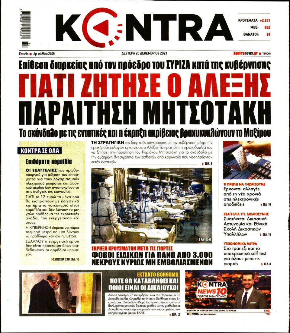 Πρωτοσέλιδο Εφημερίδας - KONTRA NEWS - 2021-12-20
