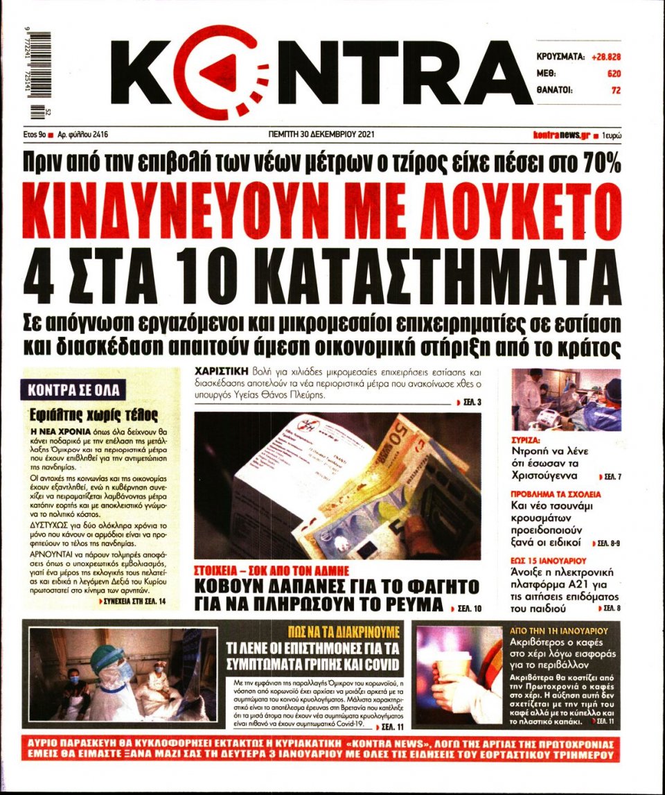 Πρωτοσέλιδο Εφημερίδας - KONTRA NEWS - 2021-12-30