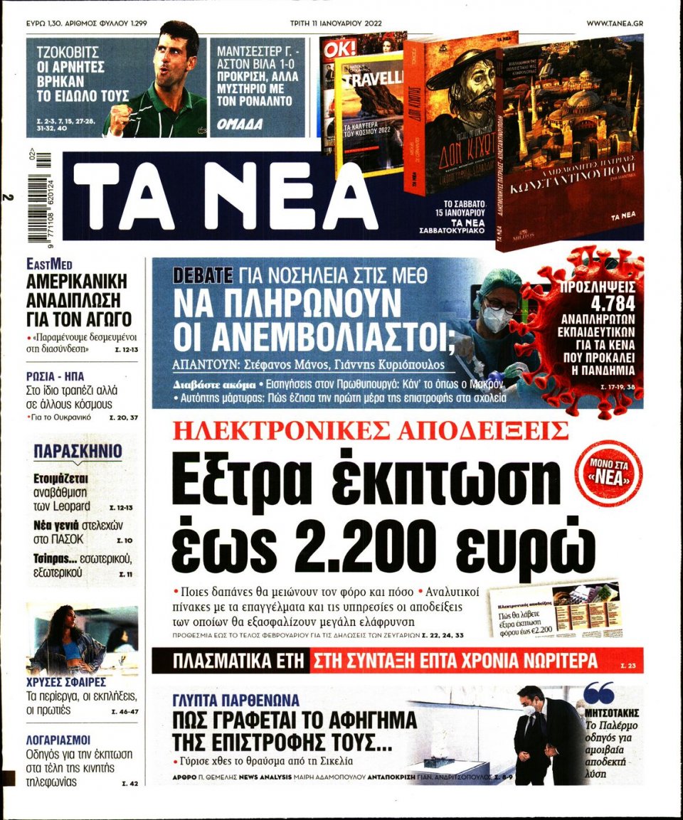 Πρωτοσέλιδο Εφημερίδας - Τα Νέα - 2022-01-11