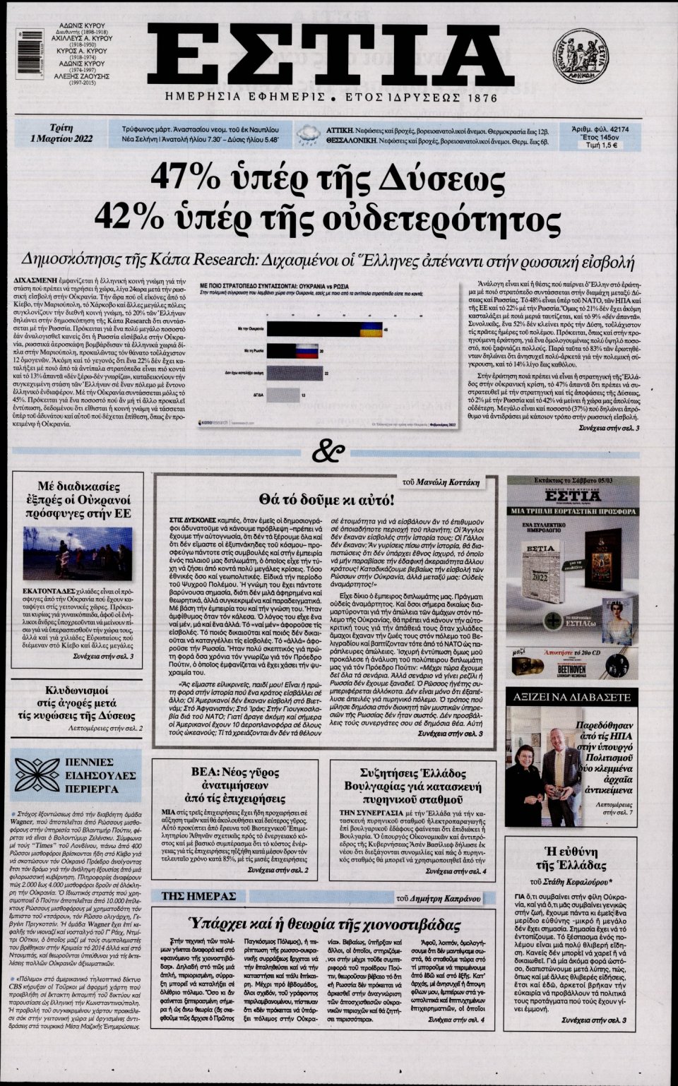 Πρωτοσέλιδο Εφημερίδας - Εστία - 2022-03-01