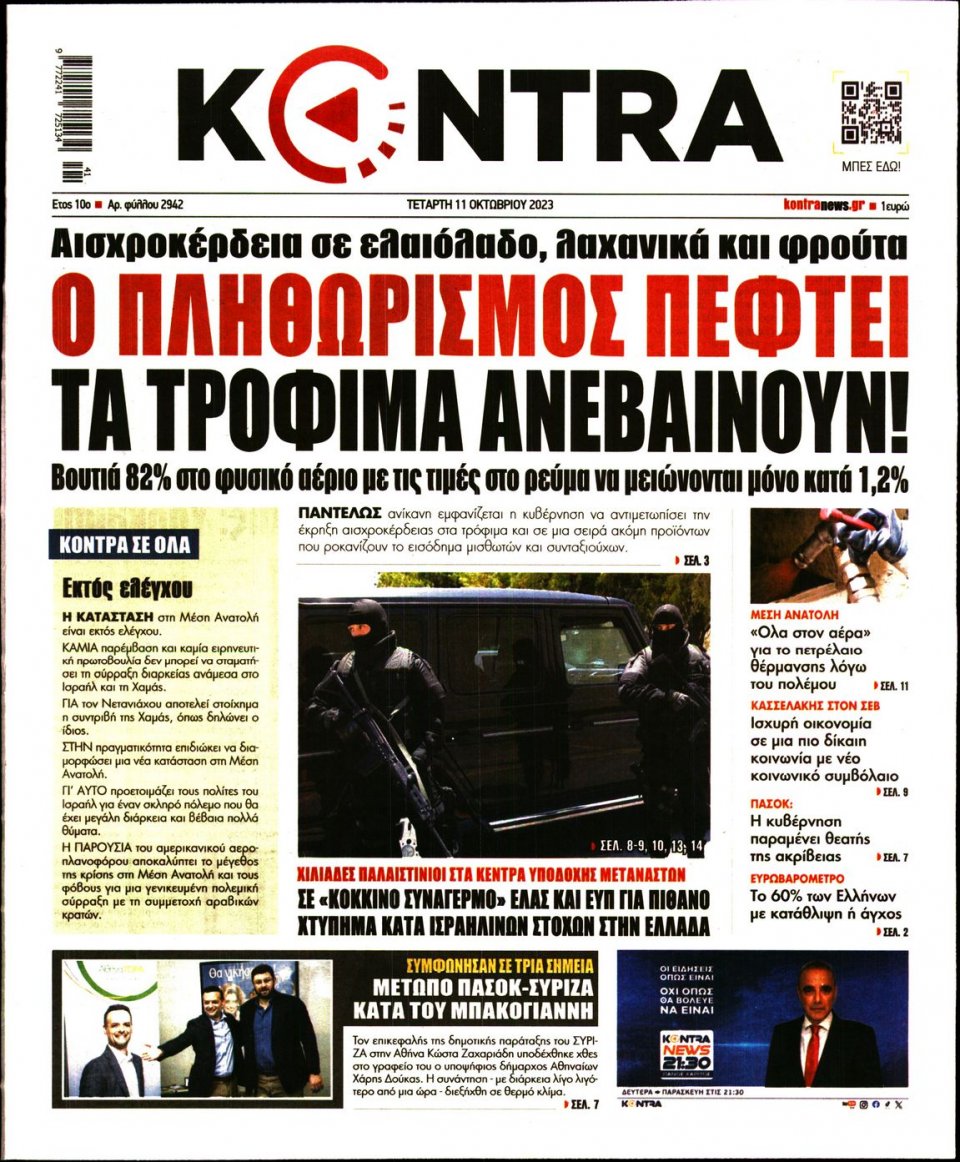 Πρωτοσέλιδο Εφημερίδας - Kontra News - 2023-10-11